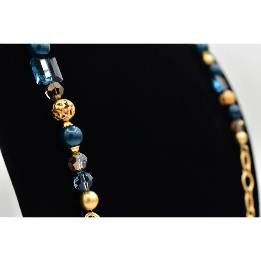 Brighton Chunky Station Necklace Brushed Gold Blue Crystal Contempo Belt BinBJ